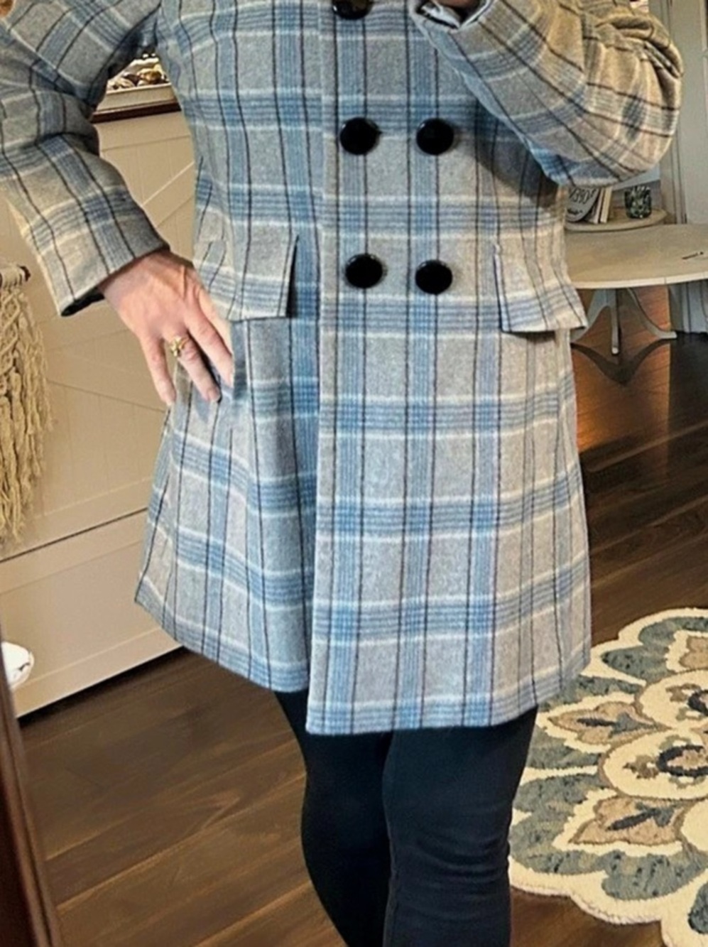 Plaid Pea Coat in Blue & Gray Like New